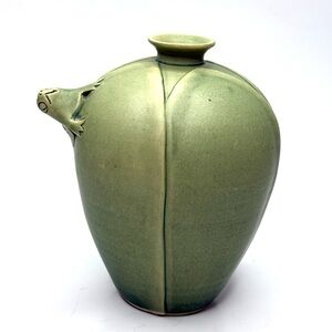 Antique Japanese Frog in Leaves Unsigned Artisan Pottery Vase Green